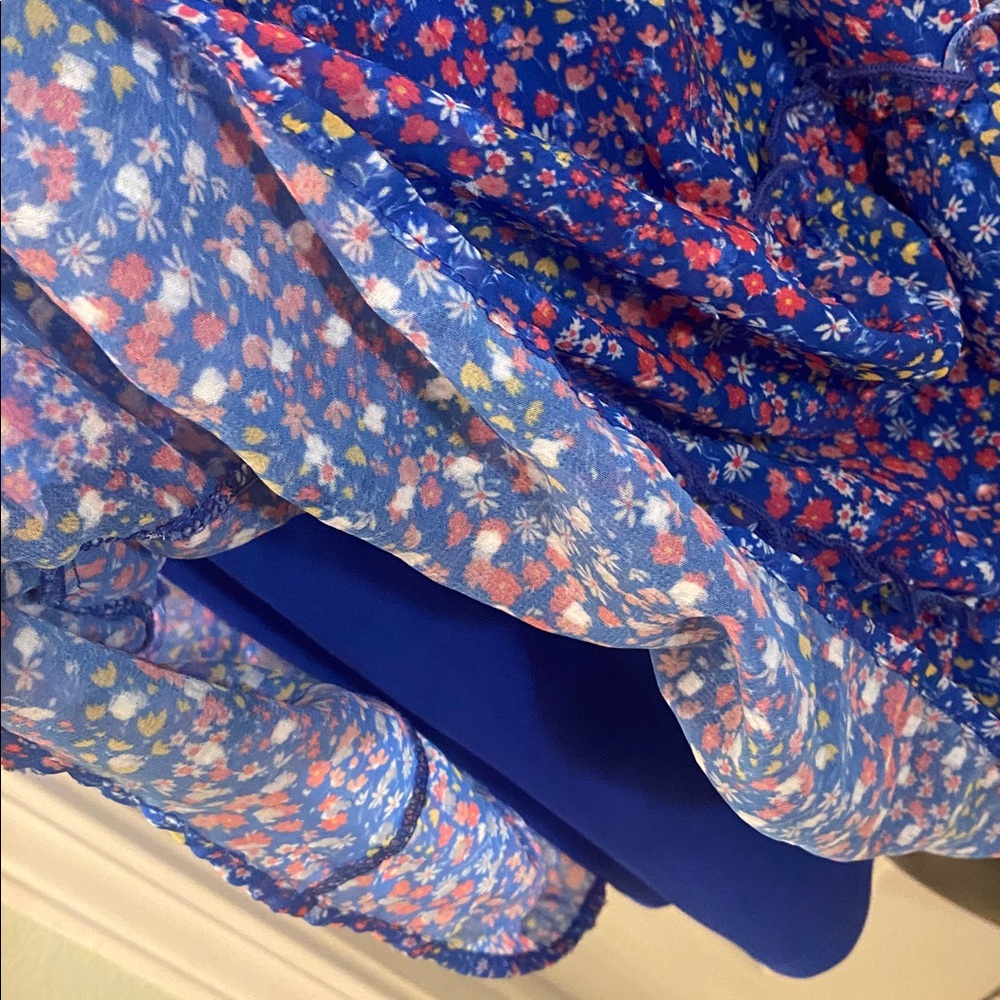Peach Love California Blue Red Yellow White Sheer Floral Mini Dress - Picture 12 of 15